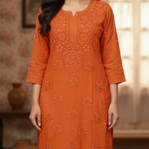 naurah rust viscose chikankari long kurta