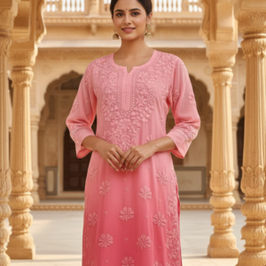 naurah pink viscose chikankari long kurta
